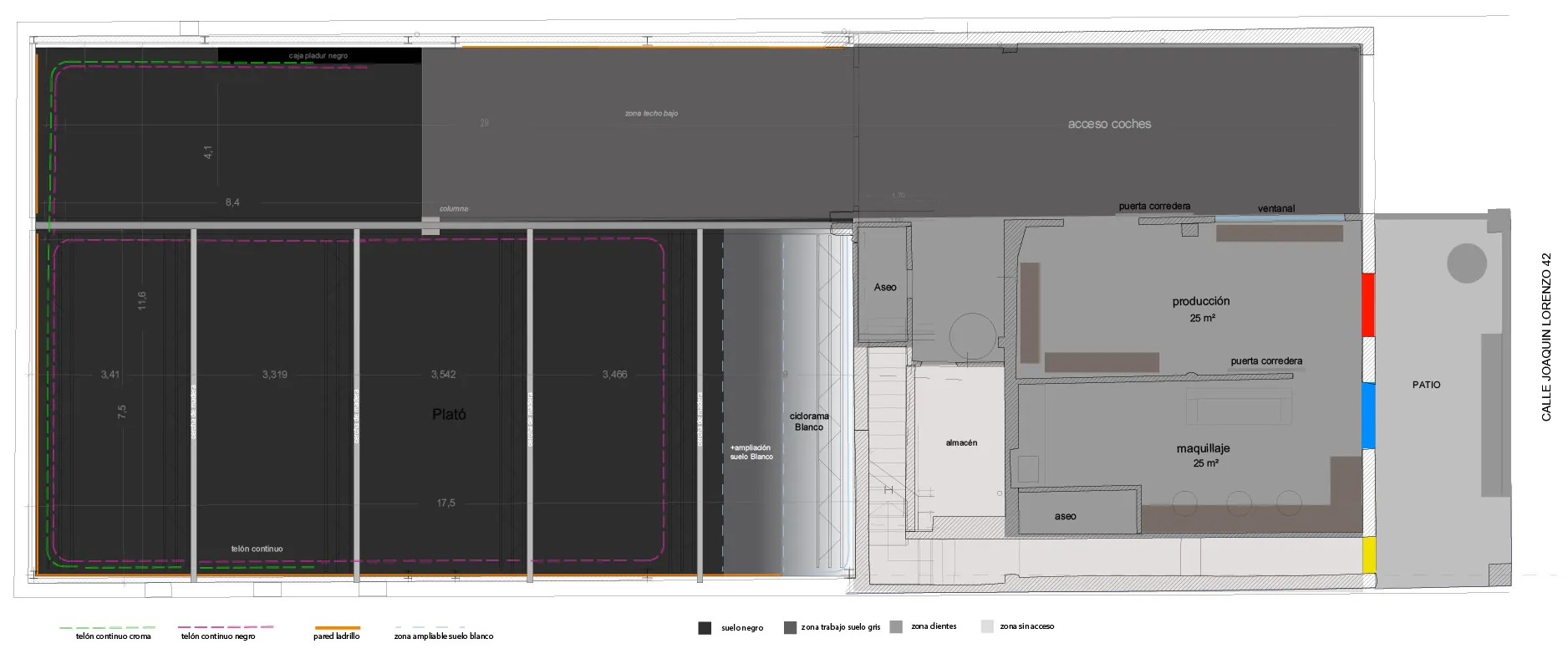 Floor plan of the studio in Madrid showing the white cyclorama, green screen, black backdrop, exposed brick and production area